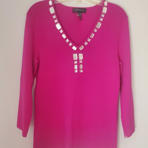 PRETTY IN HOT PINK Women's V Neck Bejewelled Top 3/4 Sleeve Clear Faux Jewels M - Picture 1 of 5
